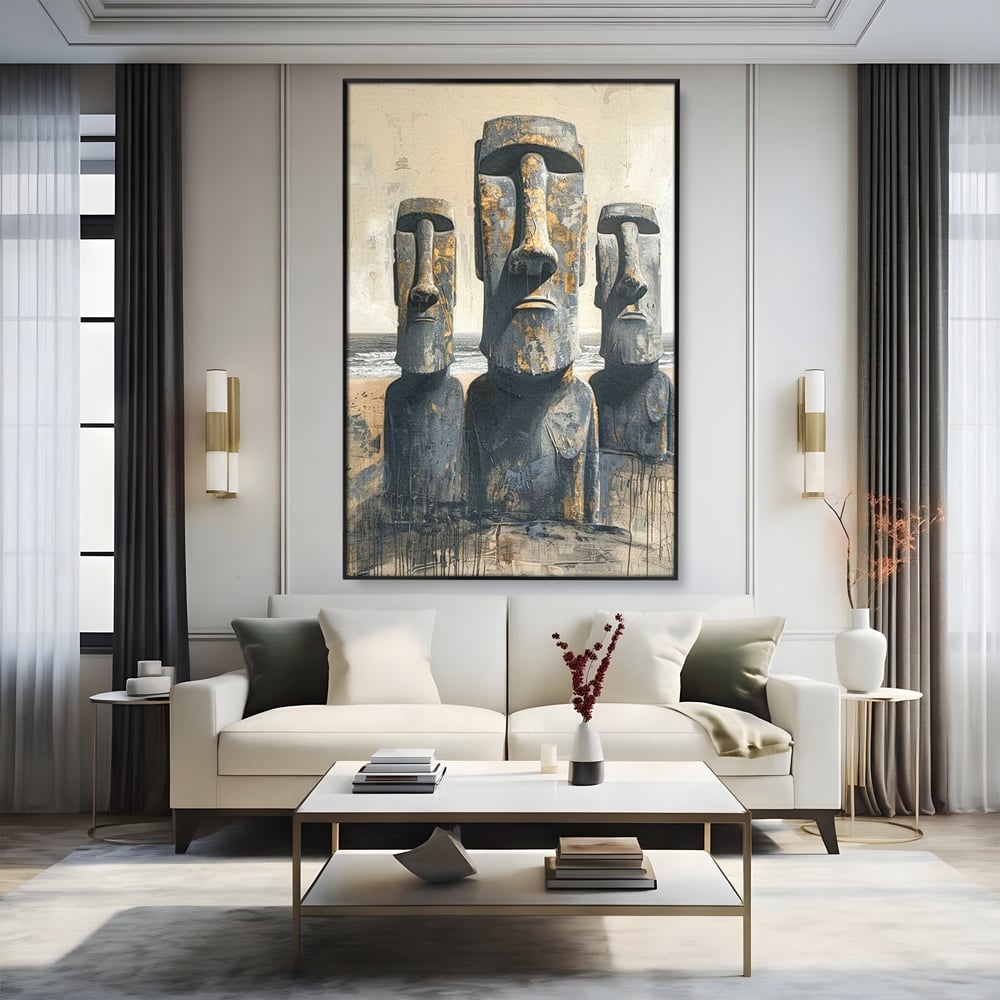 Tablou canvas cu statui moai din piatra, in rama de aluminiu negru, pe perete intr-un living